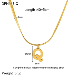 Detail of gold letter Q pendant on 18K gold plated snake chain with dimensions