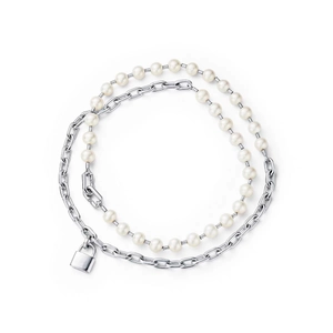 Double-layer necklace with white pearls, silver metal chain and small padlock pendant