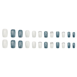 Blue glitter and rhinestone square press-on nail kit with 24 white and blue pieces