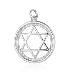 Macro view of silver star of david pendant with intricate cutout metal detailing