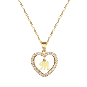 Luxurious gold stainless steel necklace featuring a heart pendant with M initial and crystals