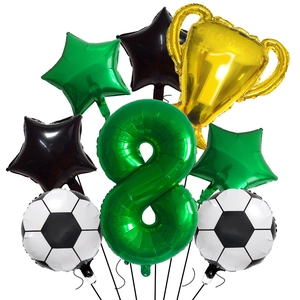 Soccer championship party set with green number 8, golden trophy, and football foil balloons