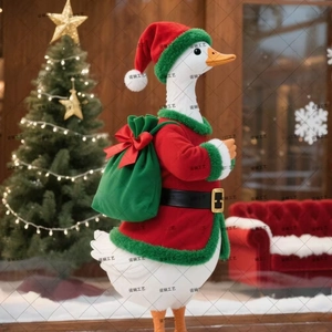 Close-up of a white porch goose dressed in red and green festive Christmas outfit