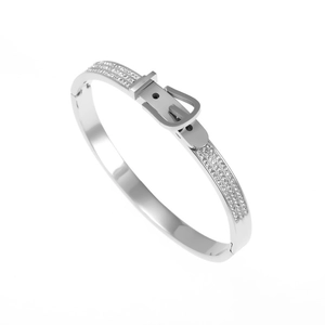 Polished silver stainless steel belt buckle bangle with sparkling crystal pavé accents