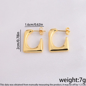 Polished gold U-shaped geometric stainless steel earrings with product measurements