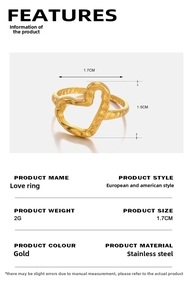 Detail view of gold stainless steel heart ring showing textured surface and dimensions