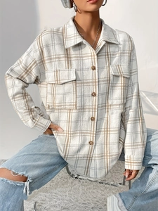 Giacca a camicia a quadri da donna con colletto a revers e tasche sul petto stile casual