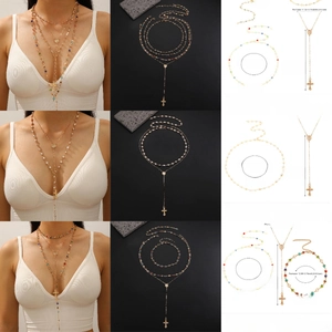 Detailed sizing chart and specifications for multi-layer alloy cross pendant necklaces