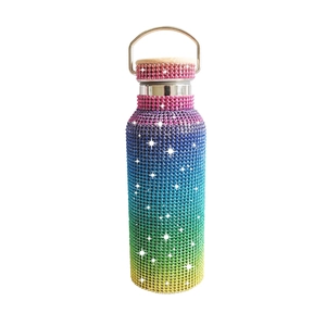 Rainbow gradient rhinestone insulated water bottle with wooden lid and metal handle