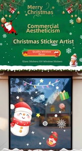 Detail of Christmas window stickers featuring snowman, gift box, and festive snowflake patterns