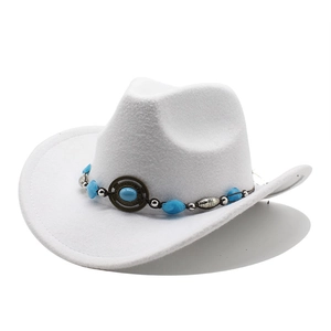 Western Cowboy Hat Wool Felt Ethnic Band Turquoise Beads Wide Curved Brim Vintage Jazz Fedora For Men Women