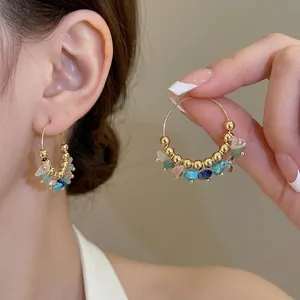 Bohemian gold hoop earrings with irregular colorful gemstones and ethnic style beads