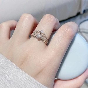 Elegant two-in-one crown stacking ring set with silver and rose gold zircon accents
