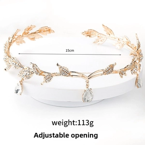 Detail of gold leaf bridal crown showing 113g weight and 15cm adjustable inner diameter