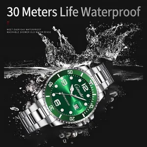 Men's green sunray dial waterproof watch with stainless steel strap and date display