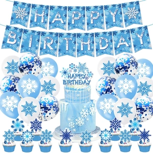 Snowflake Birthday Party Decoration Blue White Cardboard Latex Balloon Banner Cake Topper Winter Wonderland