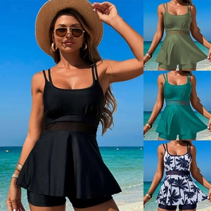 Damen Tankini Badeanzug Rockoberteil Und Shorts Netzpatchwork Doppelte Träger Schlankmachend Strandmode Nylon Elasthan