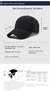 Size guide for quick-dry baseball cap showing brim depth and head circumference chart