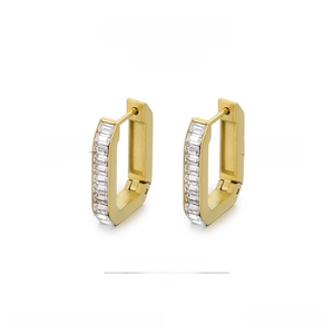 Detail of gold U-shaped earrings featuring rectangular zircon inlay and stainless steel