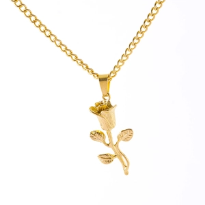 Detailed close-up of a 3D gold rose pendant necklace crafted from titanium steel