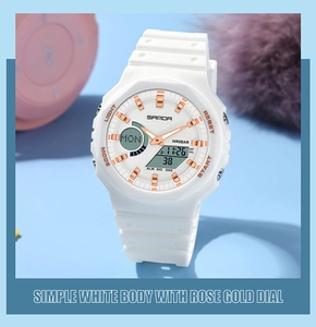 Detail view of white SANDA dual display digital watch with rose gold dial details