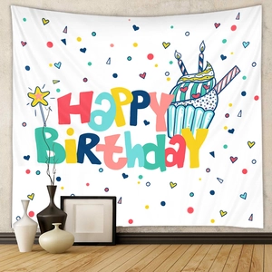 Detail view of Bohemian happy birthday wall tapestry with colorful cupcake design