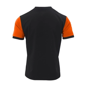 Detailed back view of men's polo shirt featuring black body and orange contrast sleeves