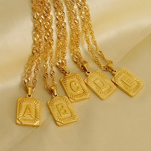 18K Gold Plated Stainless Steel Initial Pendant Necklace Retro Square Letter Alphabet Water Wave Chain For Women Men