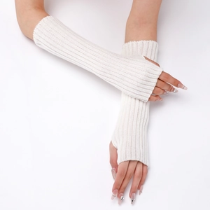 Detail of white ribbed knit long arm warmers with fingerless design for warmth