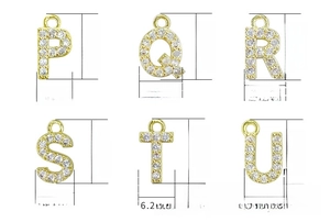 Size chart showing dimensions for micro-pave gold letter charms P to U with measurements