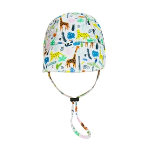 Detail of baby sun hat with colorful cartoon animal prints and adjustable chin strap