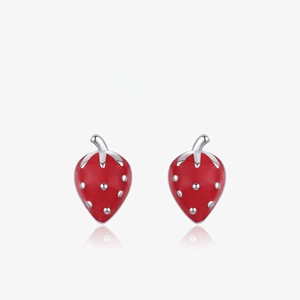 Strawberry Stud Earrings With 925 Sterling Silver Earring Post Red Enamel Sweet Fruit Jewelry For Women Girls