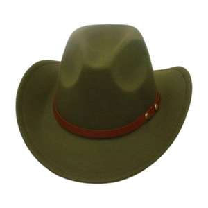 Close-up of olive green wool felt cowboy hat with brown leather band and metal rivets