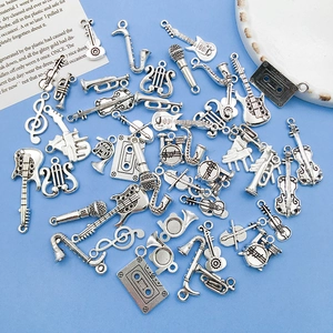 Retro silver musical instrument charms including violin and saxophone for DIY jewelry making