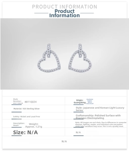 Detail view of 925 sterling silver heart earrings specifications and nickel-free material