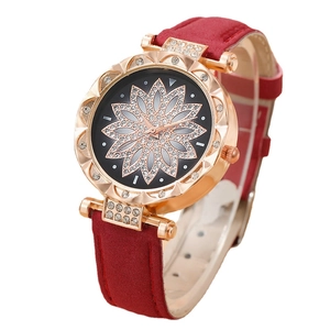 Women's rose gold watch with red velvet strap and diamond flower black dial
