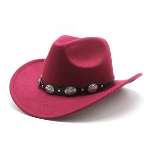Detail of burgundy wool cowboy hat with silver concho studs on a black leather band