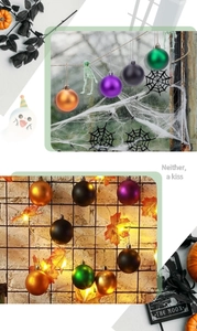 Detail of Halloween decorative balls in orange, purple, green and black hanging on spider webs