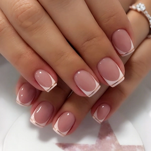 French Tip Press On Nails Pink Gold Metallic Lines Short Square Round False Nails With Adhesive Tabs For Women Nail Decoration