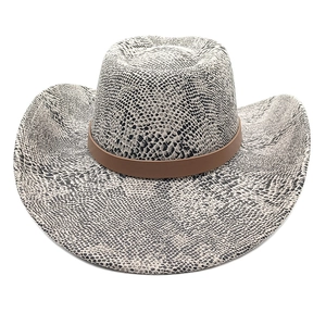 Dettaglio cappello da cowboy con motivo serpente, tesa larga e fascia in cuoio