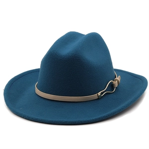 Classic dark blue wide brim wool fedora hat with tan leather band and gold metal buckle