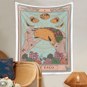 Bohemian tarot style tapestry featuring a taco card design hanging in a cozy room decor