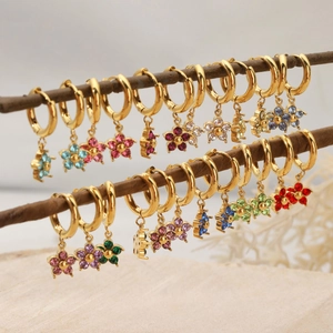 Gold stainless steel flower earrings with colorful rhinestones on decorative branches