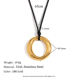 18K gold plated stainless steel circle pendant necklace with 65cm black cord