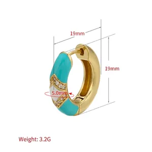 Gold huggie earrings with turquoise enamel and diamond inlay, size 19mm diameter