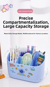 Detailed view of blue desktop organizer with multiple compartments and astronaut stickers