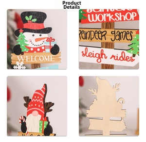 Detail of wooden Christmas ornaments featuring snowmen gnomes and festive holiday signage