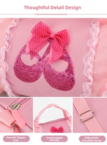 Detail of pink ballet bag showing sequin shoes, zipper, handle, and adjustable strap