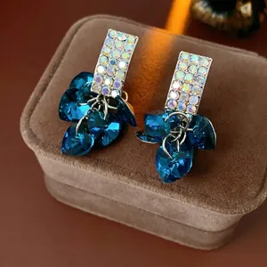 Blue Heart Dangle Earrings With AB Rhinestone Square Stud And Silver Earring Post For Women Elegant Jewelry