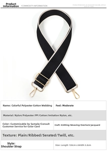 Detail eines verstellbaren 138cm x 3,8cm Schultergurts mit goldenen Metallhaken
